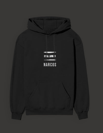 Black narcos unisex hoodie featuring a minimalist design with a central print