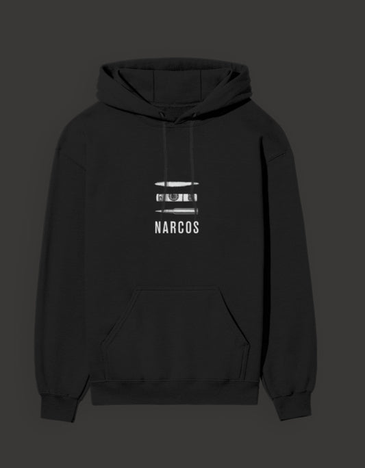 Black narcos unisex hoodie featuring a minimalist design with a central print