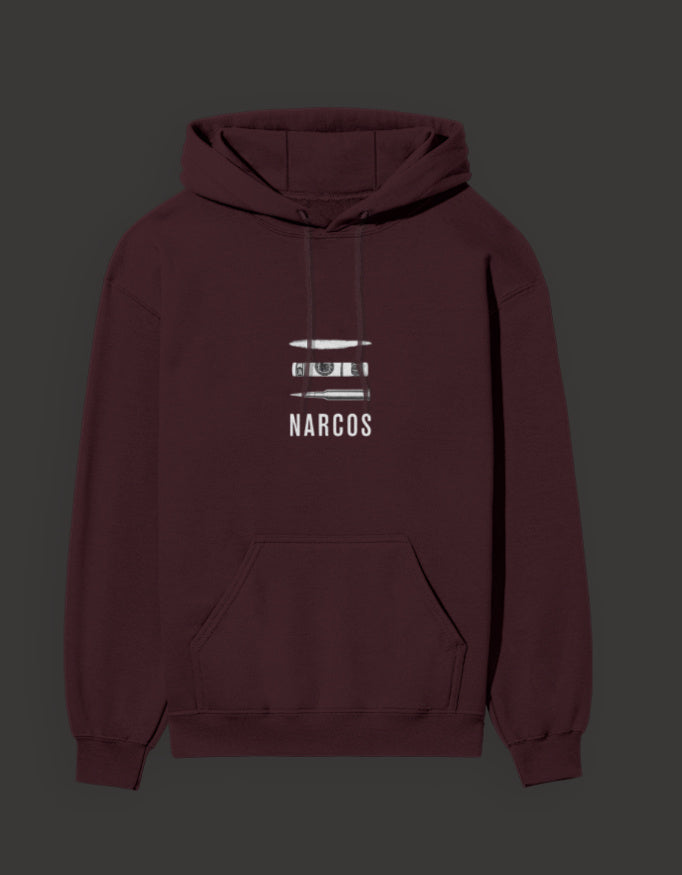 Maroon Narcos unisex hoodie featuring a bold logo and front pocket for casual wear
