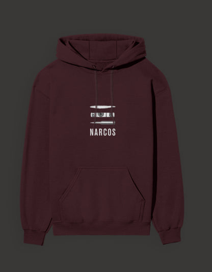 Maroon Narcos unisex hoodie featuring a bold logo and front pocket for casual wear