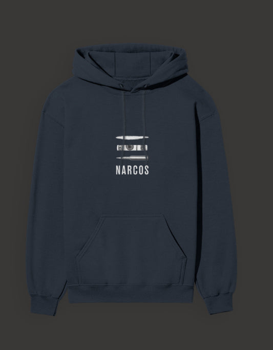 Narcos unisex hoodie in navy featuring a graphic design and front pocket for style and comfort