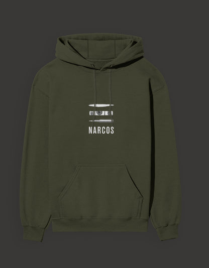 Narcos unisex hoodie in olive green with graphic text design for casual style