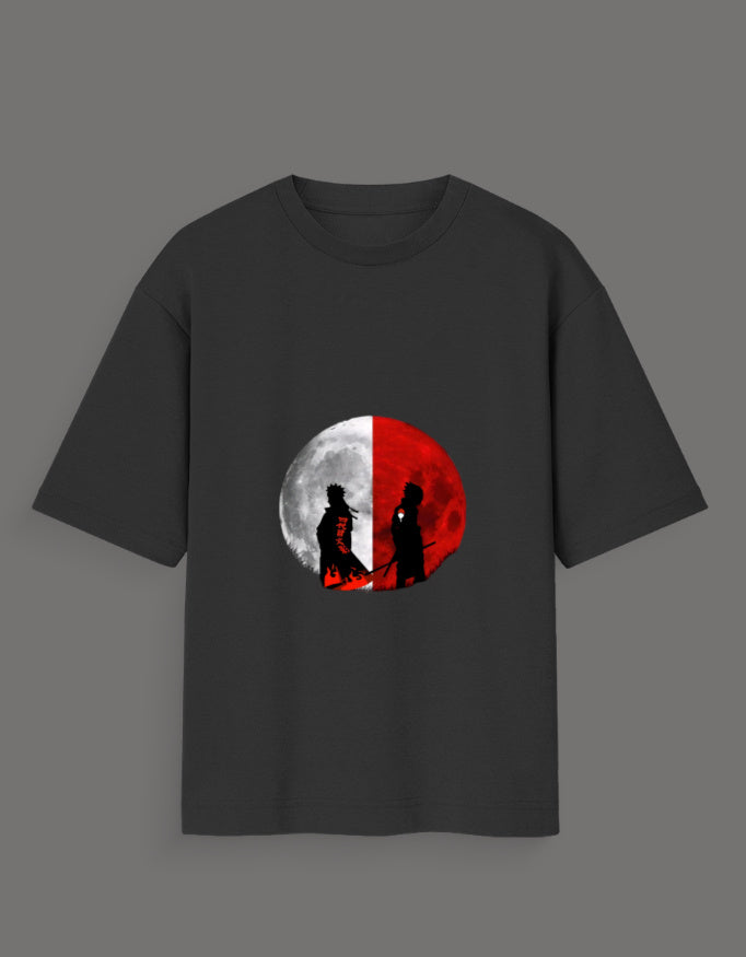 Black Naruto oversized t-shirt with red and white moon graphic and character silhouettes