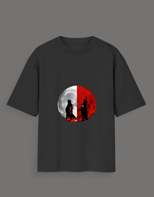 Black Naruto oversized t-shirt with red and white moon graphic and character silhouettes