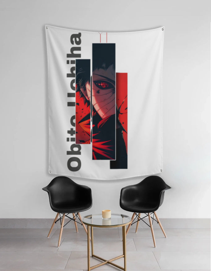 Obito Uchiha tapestry white wall hanging with red and black vertical panels showing Sharingan eye