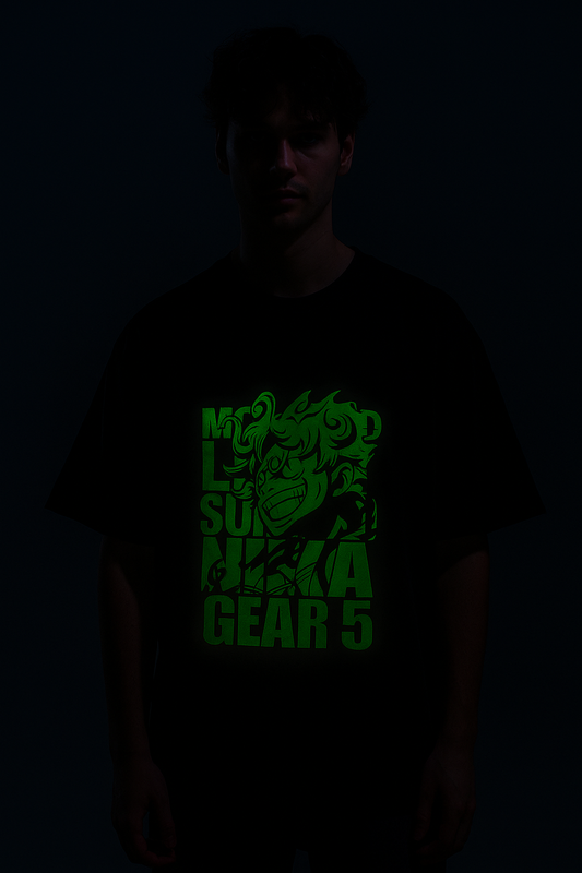 Nika Glow t-shirt with green glowing anime design worn by a man in a dark setting