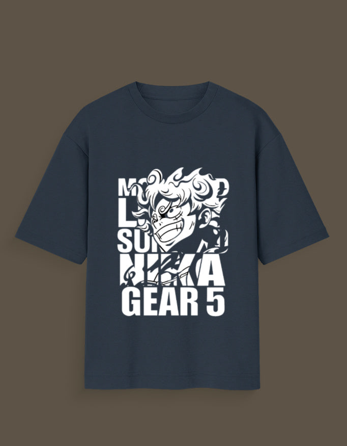 Navy blue Nika Glow t-shirt featuring a bold white anime character graphic with text gear 5