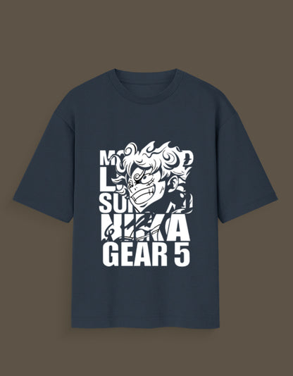 Navy blue Nika Glow t-shirt featuring a bold white anime character graphic with text gear 5