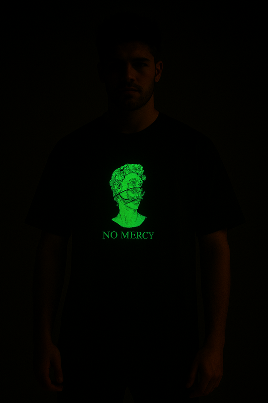 No mercy glow in the dark anime tee with bright green design worn in dark
