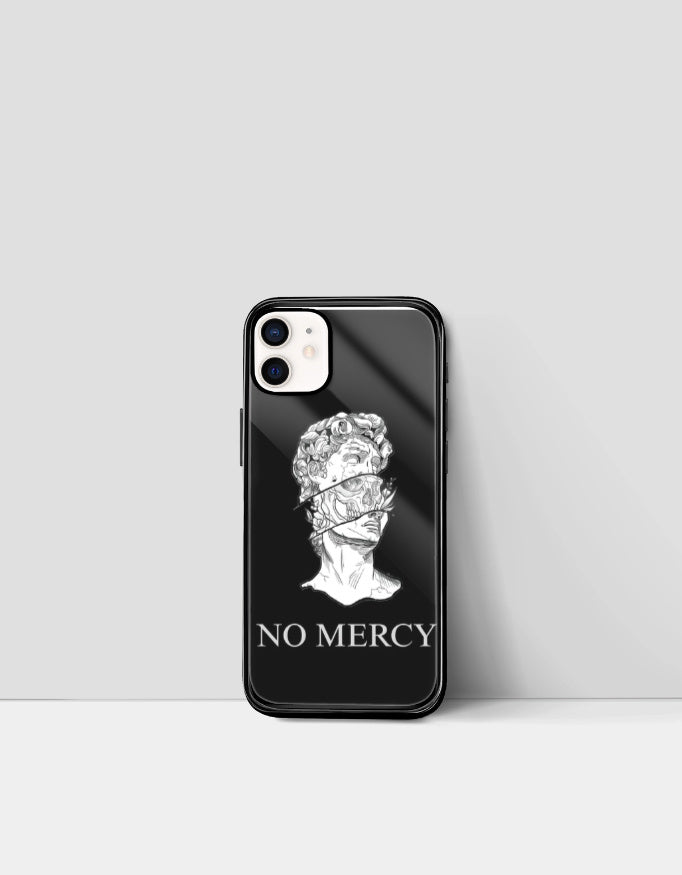 No mercy phone case featuring black design with white statue bust and text no mercy