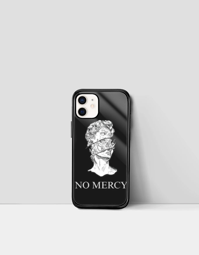 Black no mercy phone case with artistic white bust design and bold text on the back