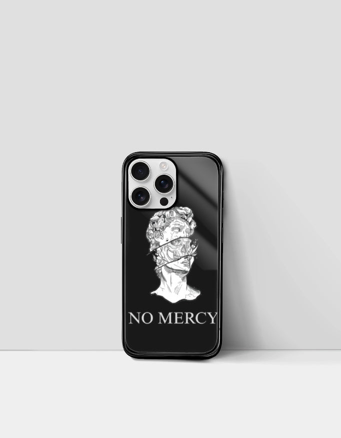 Black phone case with a white classical statue design and the text no mercy phone case in bold font