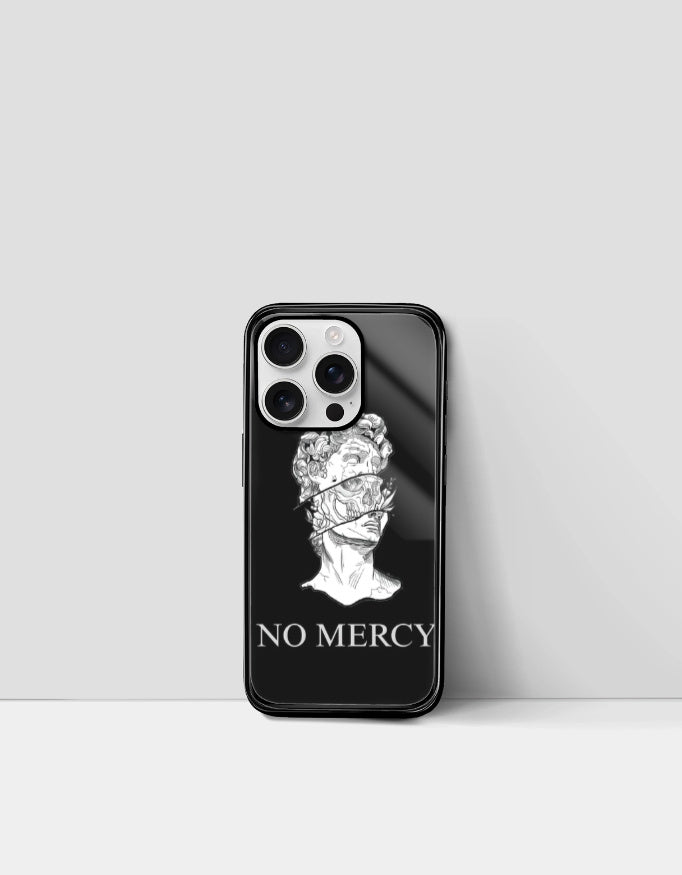 Black phone case with artistic bust and text no mercy phone case in white font