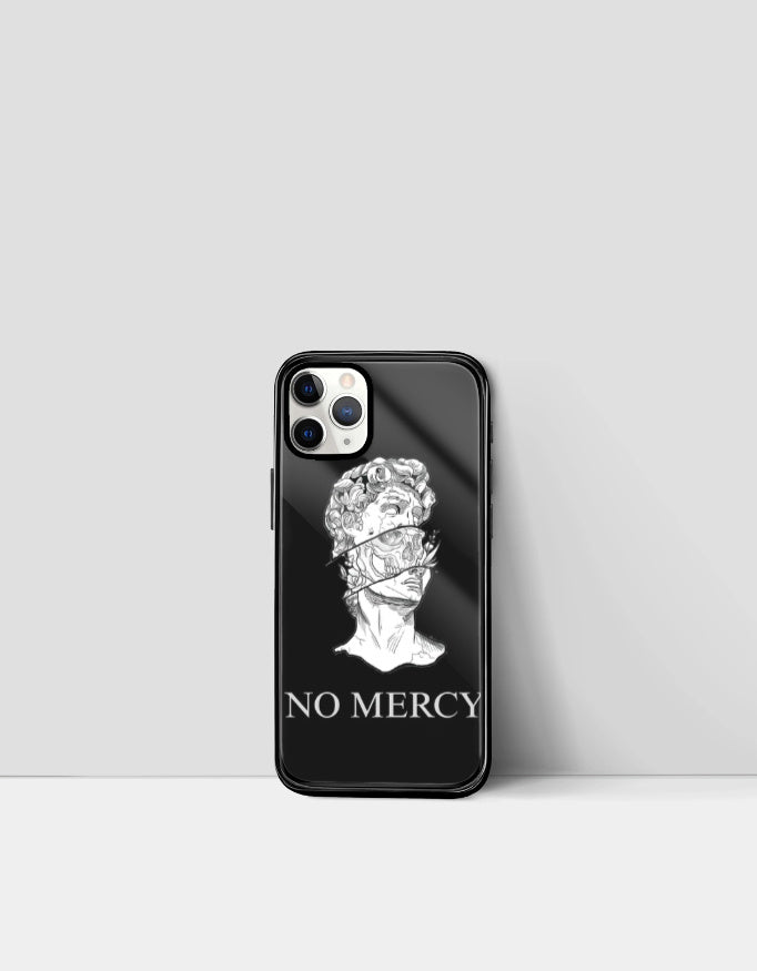 No mercy phone case featuring black design with white classical statue and no mercy text