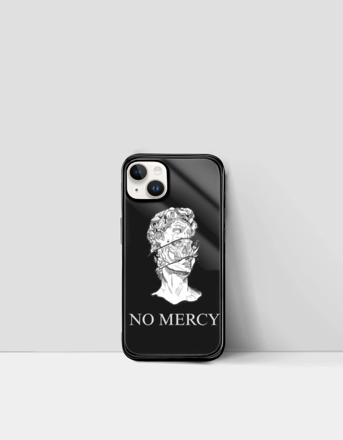 Black phone case with artistic statue head design and white text no mercy phone case