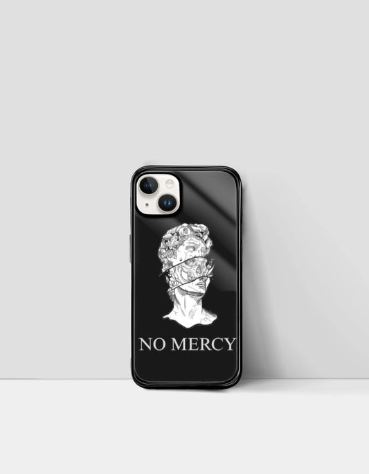 Black phone case with artistic statue head design and white text no mercy phone case