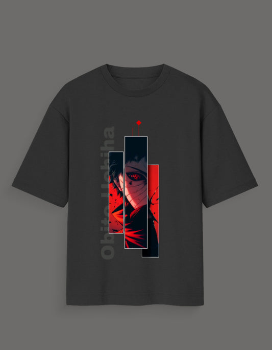 Black t-shirt featuring a graphic design of Obito Uchiha in red and black shades with Obito Uchiha merch text