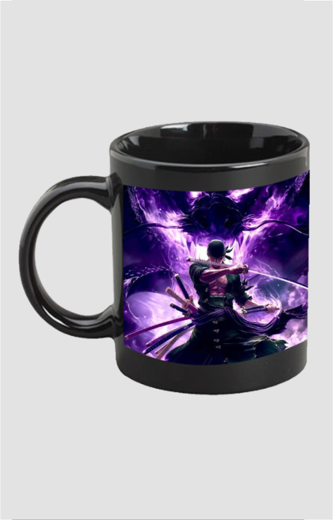Black ceramic One Piece coffee cup India featuring a vibrant purple anime warrior design