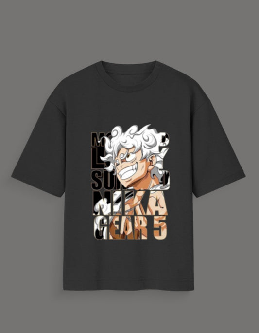Black t-shirt featuring One Piece Gear 5 merch India graphic with anime character design