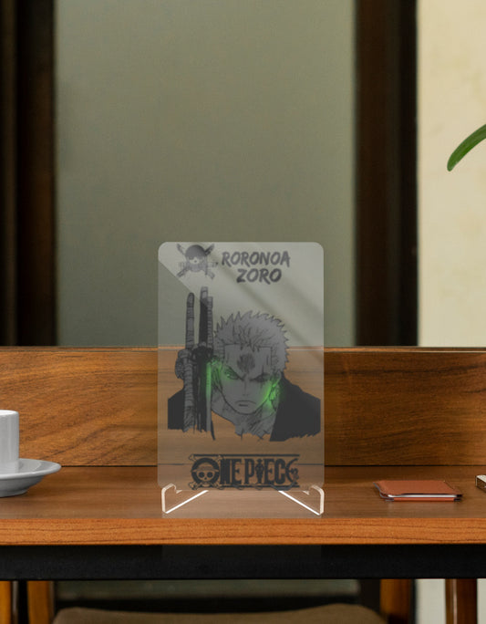 Roronoa Zoro relic display featuring a detailed anime design on a clear stand