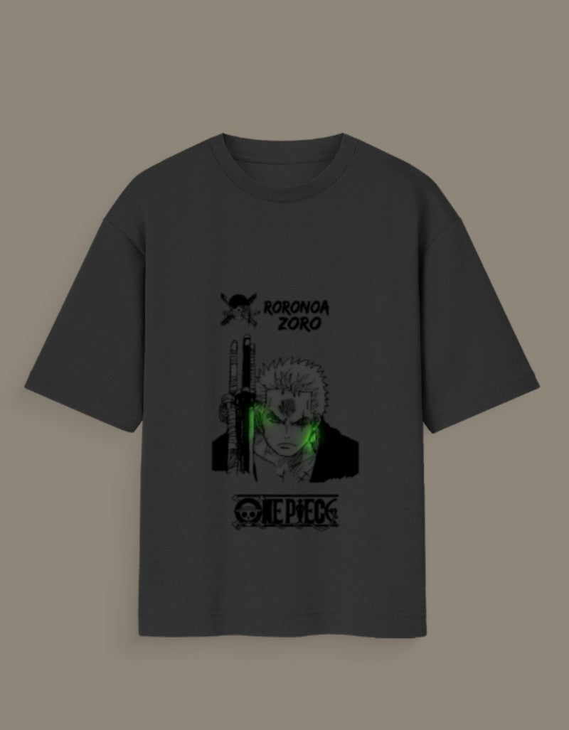 Black One Piece Zoro graphic tee featuring Roronoa Zoro with green accents and anime design