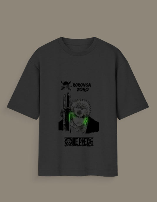 Black One Piece Zoro graphic tee featuring Roronoa Zoro with green accents and anime design