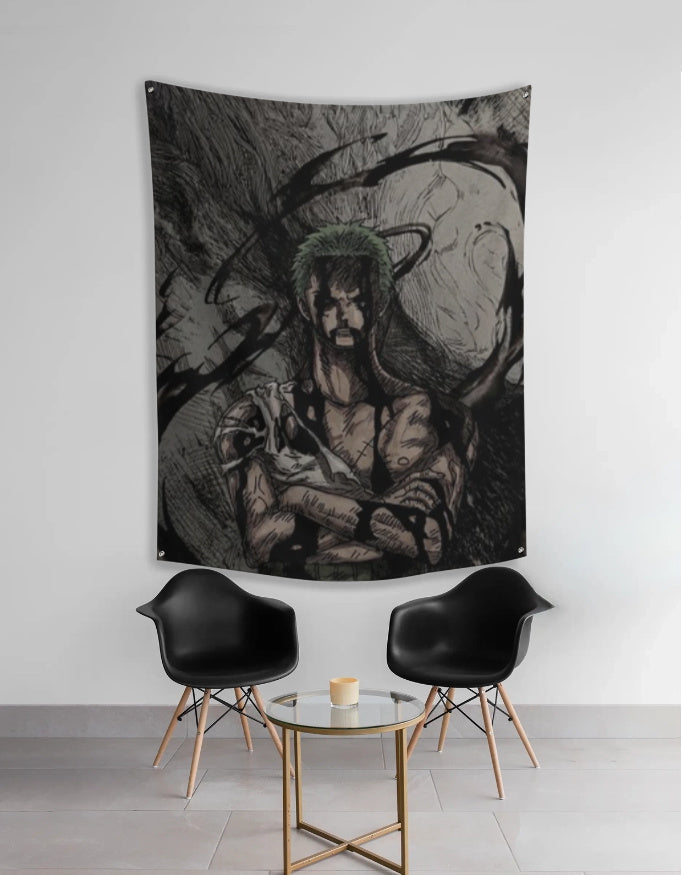Zoro One Piece tapestry featuring a detailed illustration of the character against a dark background