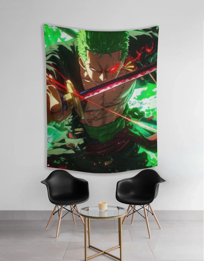 Zoro tapestry for wall showing green haired swordsman in intense action pose with glowing katana above chairs