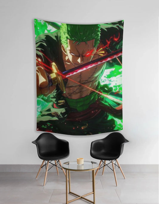 Zoro tapestry for wall showing green haired swordsman in intense action pose with glowing katana above chairs