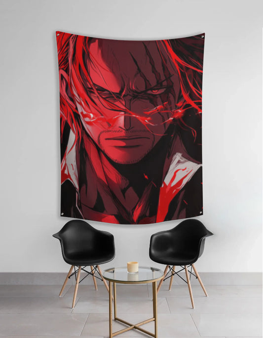 Shanks anime tapestry large red close up portrait hung on wall above chairs as anime room decor