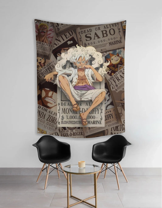 Gear 5 Nika tapestry featuring Monkey D Luffy sitting on a chair with wanted posters background