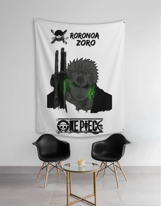 White wall Roronoa Zoro tapestry featuring black One Piece portrait with green glowing eyes and swords