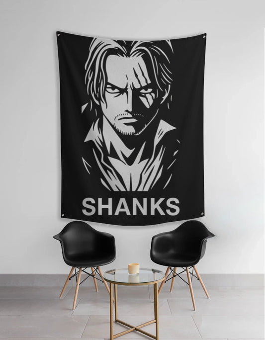 Shanks tapestry wall hanging black and white large anime portrait of Shanks displayed above chairs and table for room decor