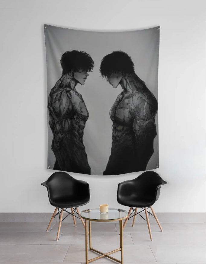 anime wall tapestry with monochrome illustration of two muscular tattooed men facing each other above modern black chairs