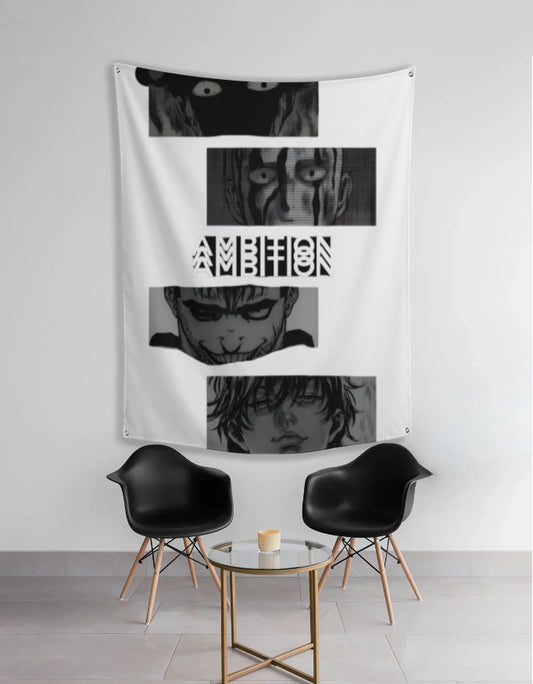anime wall tapestry featuring four black and white manga faces and AMBITION text above modern chairs and table