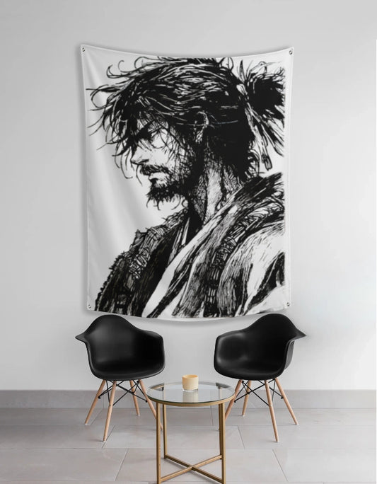 Black and white samurai sketch anime wall tapestry hanging above two modern chairs in minimalist room