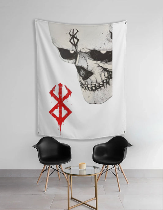 anime wall tapestry white hanging featuring large skull face with black markings and red dripping rune symbol above modern chairs