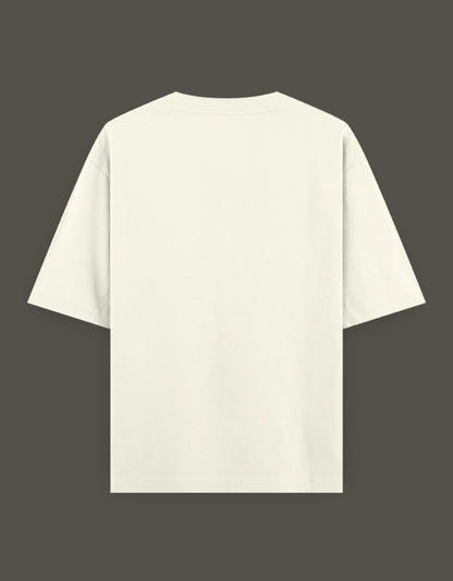 Back view of isagi anime t-shirt cream oversized short sleeve tee on dark gray background