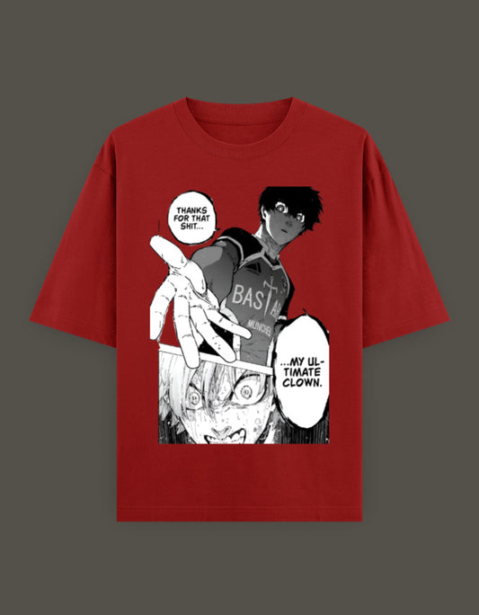 Red isagi anime t-shirt showing black and white manga panel of two characters reaching out with speech bubbles