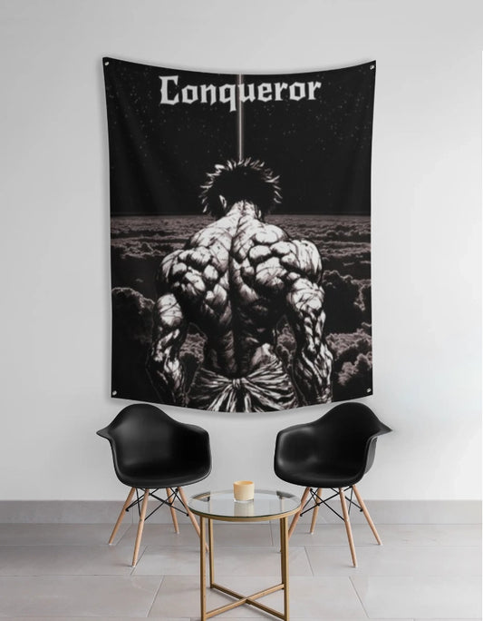 anime conqueror tapestry showing muscular anime warrior back against night sky clouds hung above two black chairs