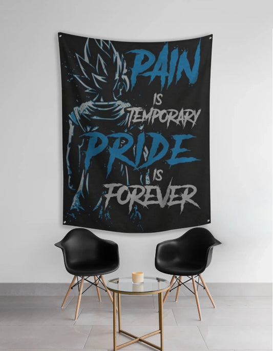 Black blue anime pride forever tapestry featuring anime silhouette and slogan Pain is temporary Pride is forever above chairs