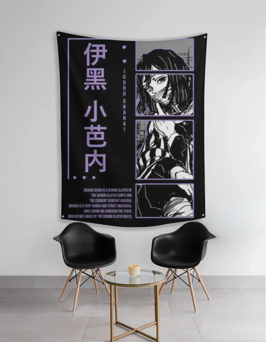 AnimeVerseStore Snake Hashira tapestry featuring black purple three panel portrait of Iguro Obanai hanging above chairs