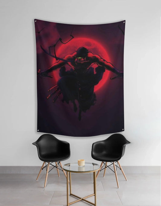 Zoro anime wall tapestry featuring dark swordsman silhouette with red moon backdrop in living room