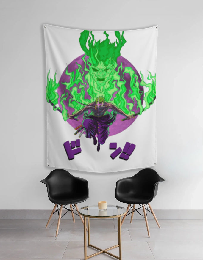 King of Hell anime tapestry hanging on wall above two black chairs featuring a green flame skull demon with purple circle backdrop