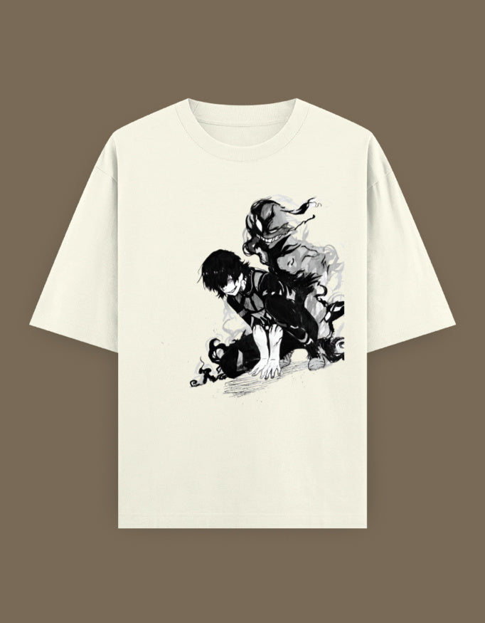 Bachira anime t-shirt cream short sleeve featuring black ink style illustration of crouching character with shadowy smoke creature