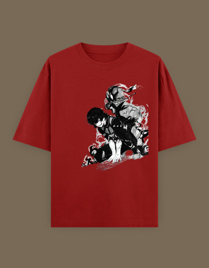 Red crew neck Bachira anime t-shirt with black and white manga character graphic centered on front