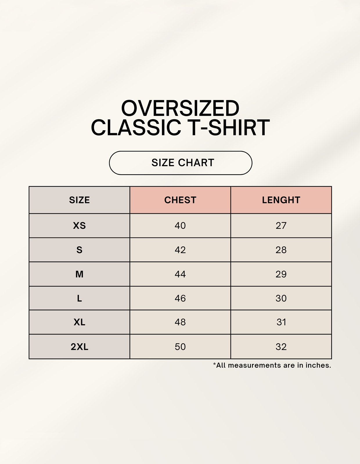 Bachira anime t-shirt oversized classic size chart showing chest and length measurements XS to 2XL