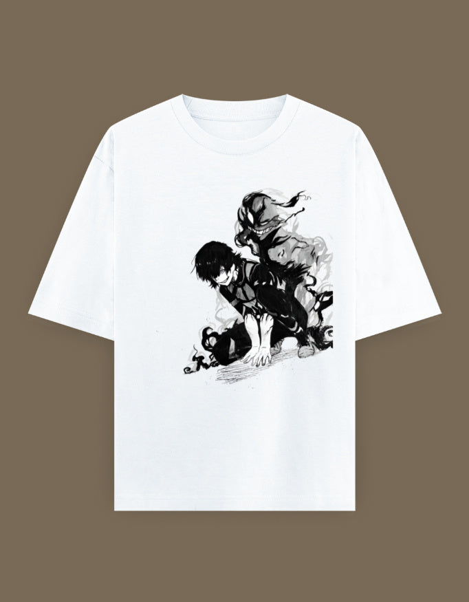 Bachira anime t-shirt white tee with black monochrome crouching anime character and shadow smoke design
