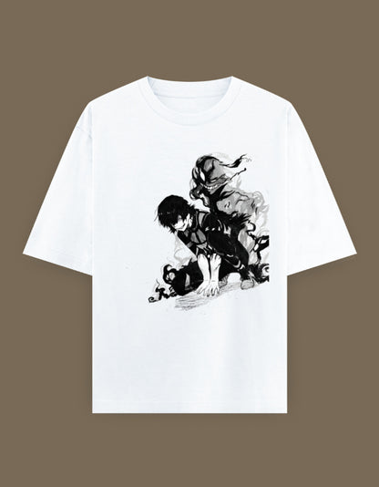 Bachira anime t-shirt white tee with black monochrome crouching anime character and shadow smoke design