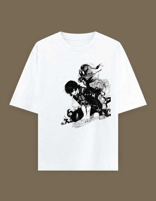 Bachira anime t-shirt white tee with black monochrome crouching anime character and shadow smoke design